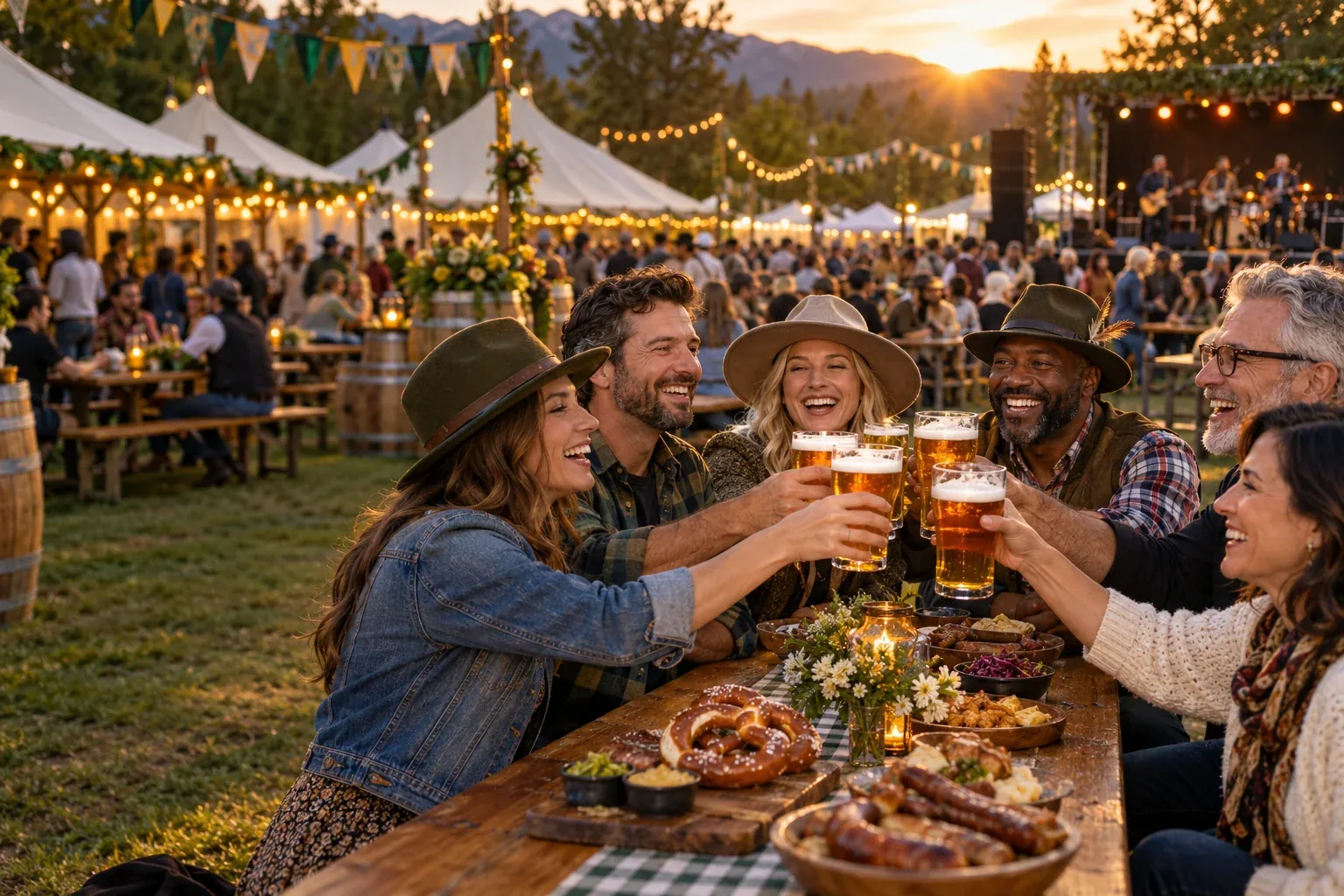 Illustration of adult friends celebrating at a sunset beer garden with live music